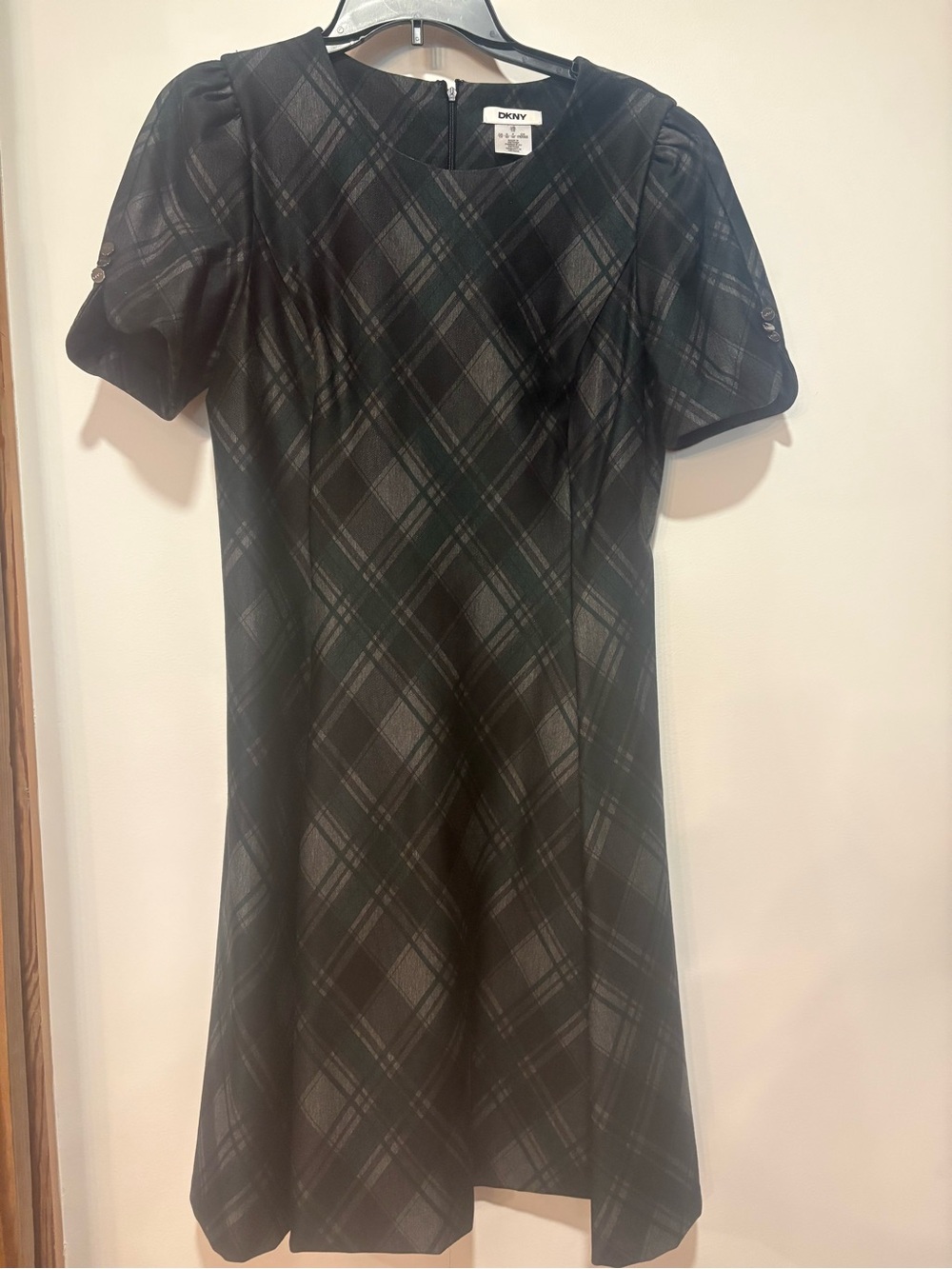 DKNY Black, Green and Gray Plaid Short-Sleeve A-Line Dress